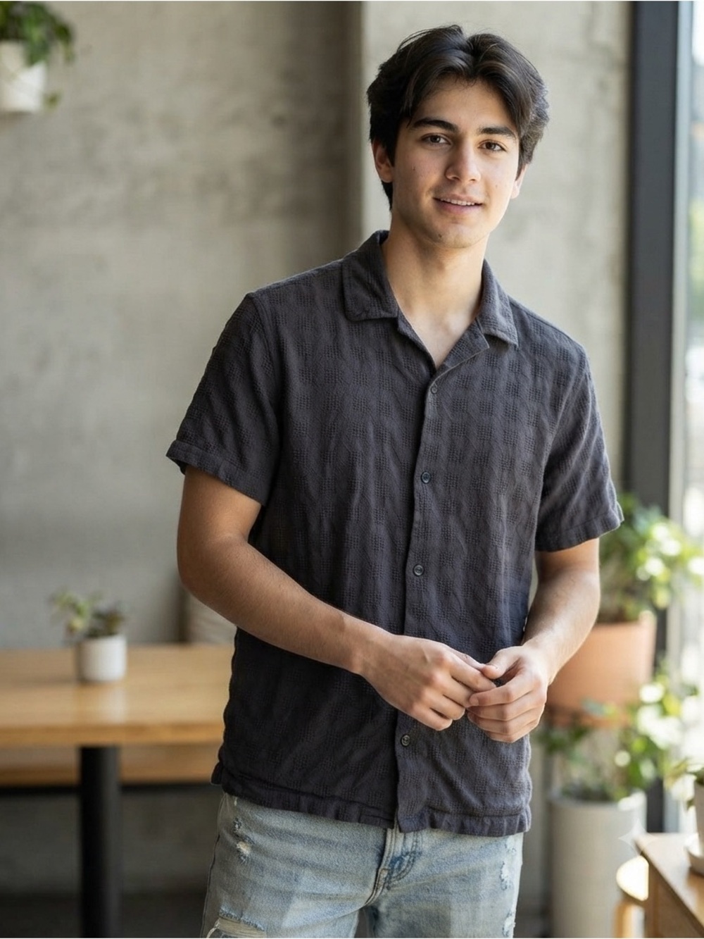 Common People Men’s Textured Waffle Weave Button-Down Shirt in Charcoal